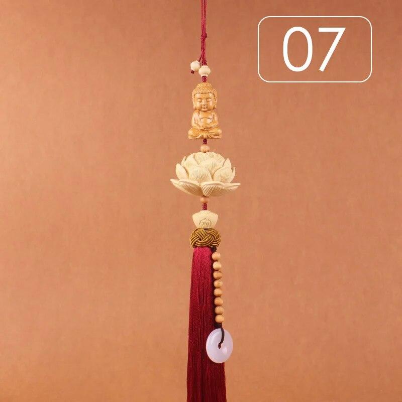 Chinese Style Lucky Fu Wooden Carved Lotus Buddha Statue Pendant Creative Gift Home Car Hanging Accessories Decor Auto Interior