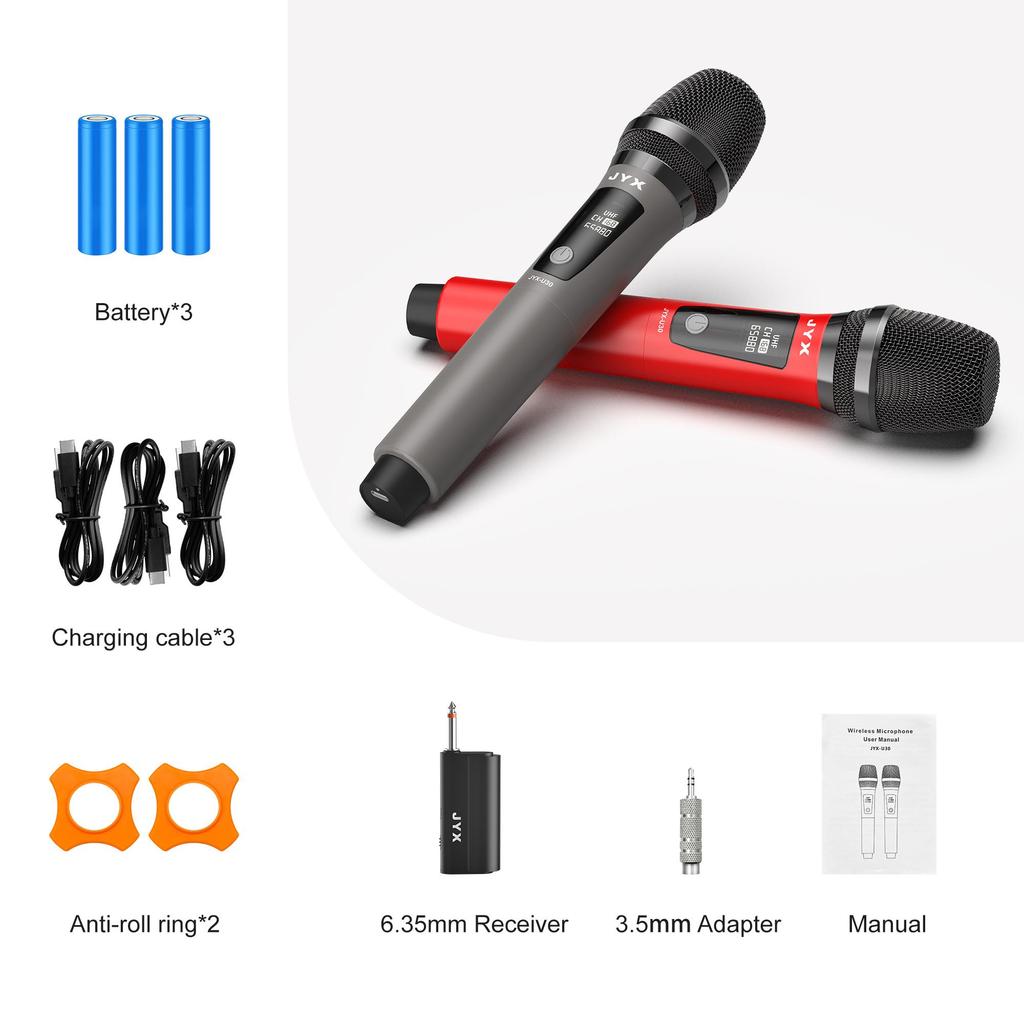 Wireless Microphones, UHF Dual Cordless Handheld Dynamic Mic with Receiver 1/4'' Plug, (160ft Range), Metal Rechargeable Karaoke Microphones