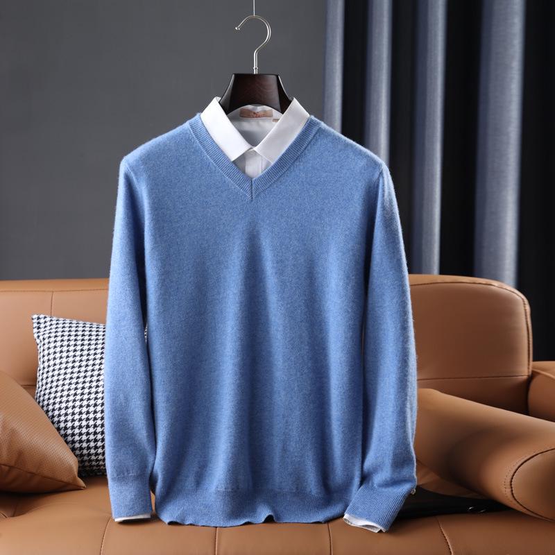 Men's Casual Autumn & Winter 100% Pure Wool V-Neck Loose Knit Sweater