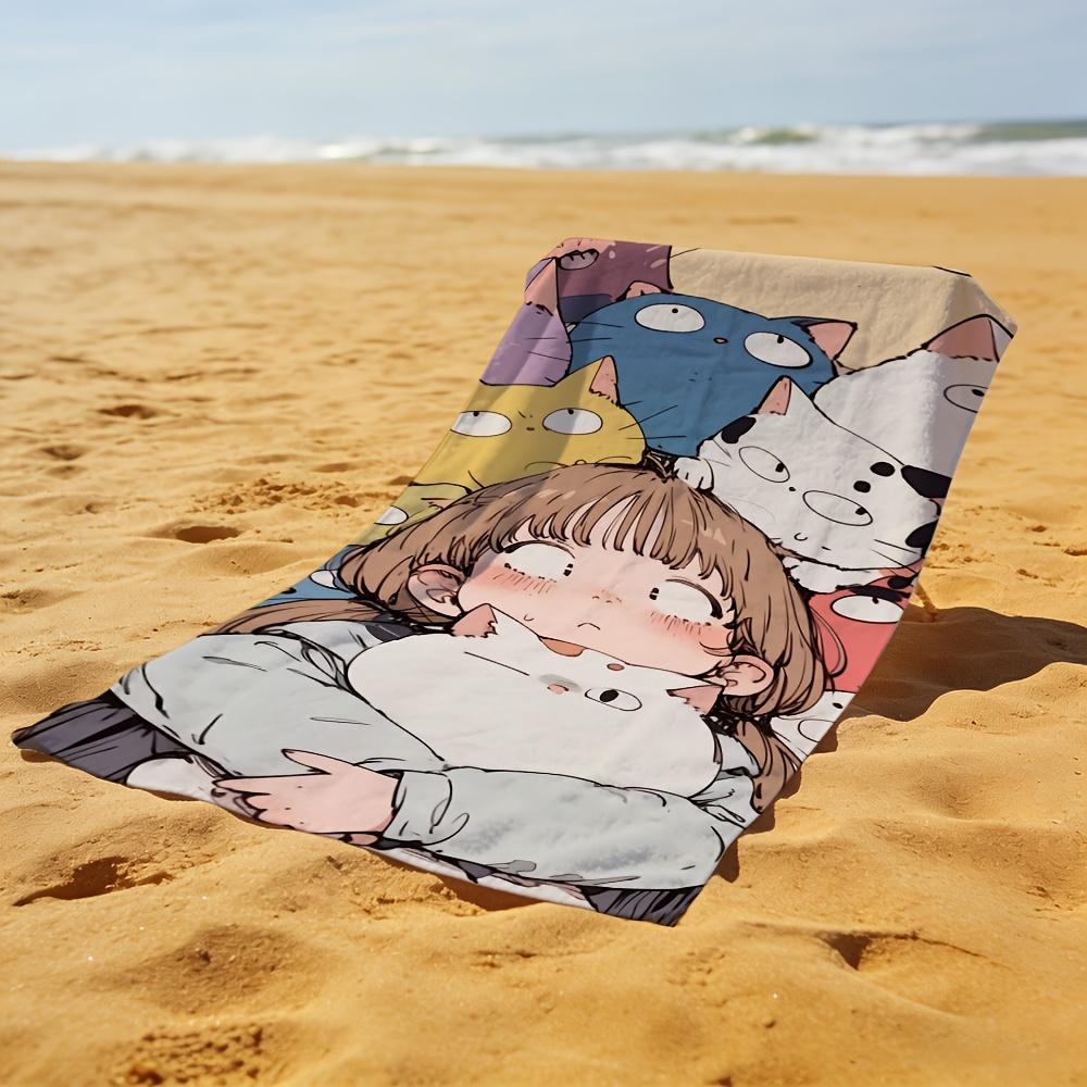 Hand Painted Girl with Cats Beach Towel 2D Flat Print Sand Proof Quick Dry Microfiber For Beach Swimming Camping Bath Vacation
