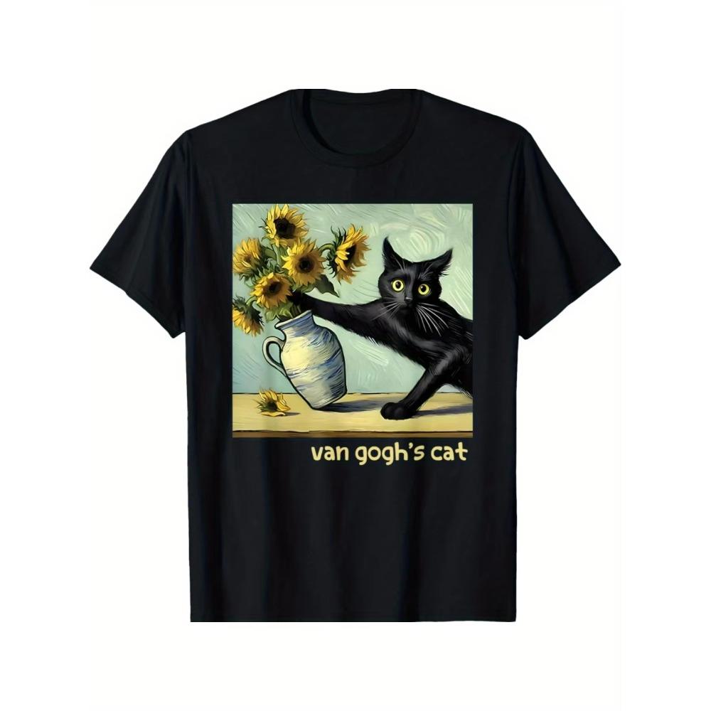 Summer Trend Cotton Street Style Van Gogh's Black Cat and Sunflower Funny Cat Painting Art T-shirt Comfortable