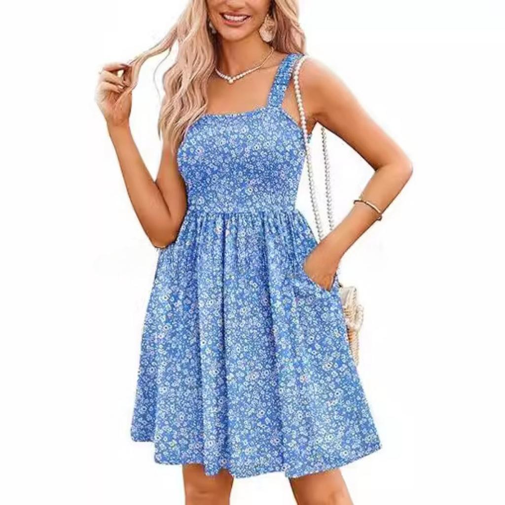 Women's Square Neck Sleeveless Floral Printed A Line Dress Mid Waist Sweet Style Summer Casual Sundress