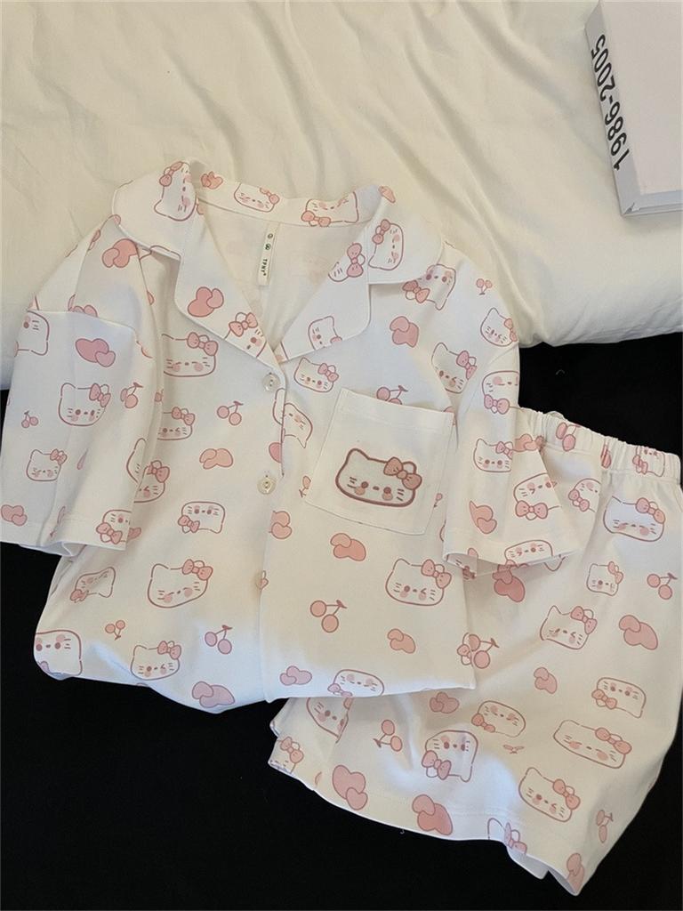 Internet celebrity sweet girl Kitty cat pajamas women's summer short-sleeved shorts cardigan set student ins loungewear