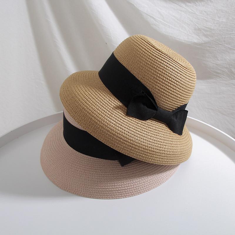 Women's Beach Vacation Straw Hat With Hepburn Big Bow Wide-brimmed Fisherman Bucket Hat For Spring Summer Travel Sunshade