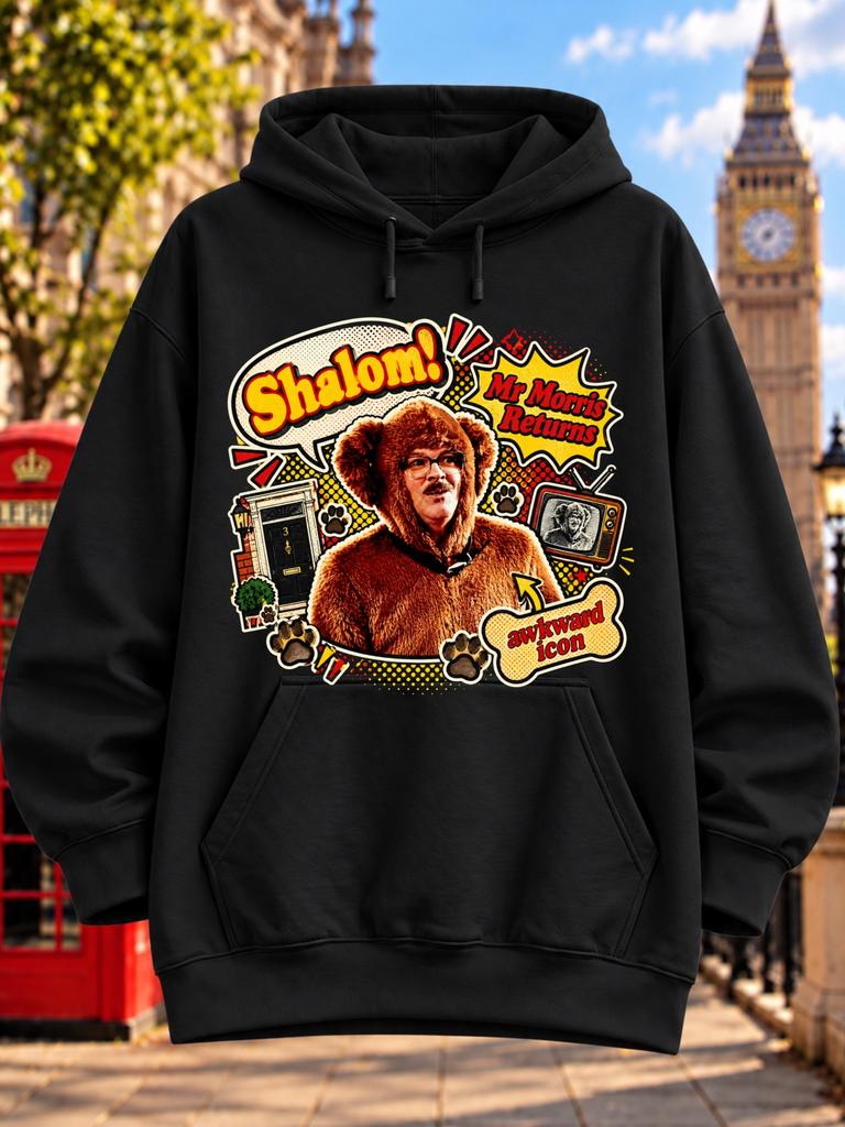 Unisex Hoodie Shalom Mr Morris Returns Comic Graphic for Man in a Brown Costume Surrounded by Paw Prints Speech Bubbles and Retro Pop Art Details