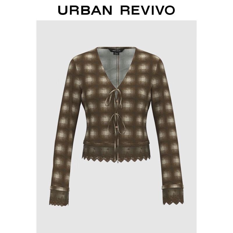 Женская клетчатая рубашка UR 2025 Осень с кружевом, на пуговицах, с V-образным вырезом S