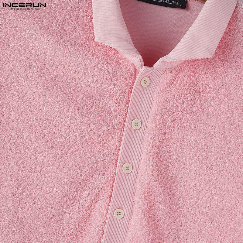 INCERUN Oversized Men Lapel Neck Long Sleeve Buttons Casual Loose Texture Pullovers Tops