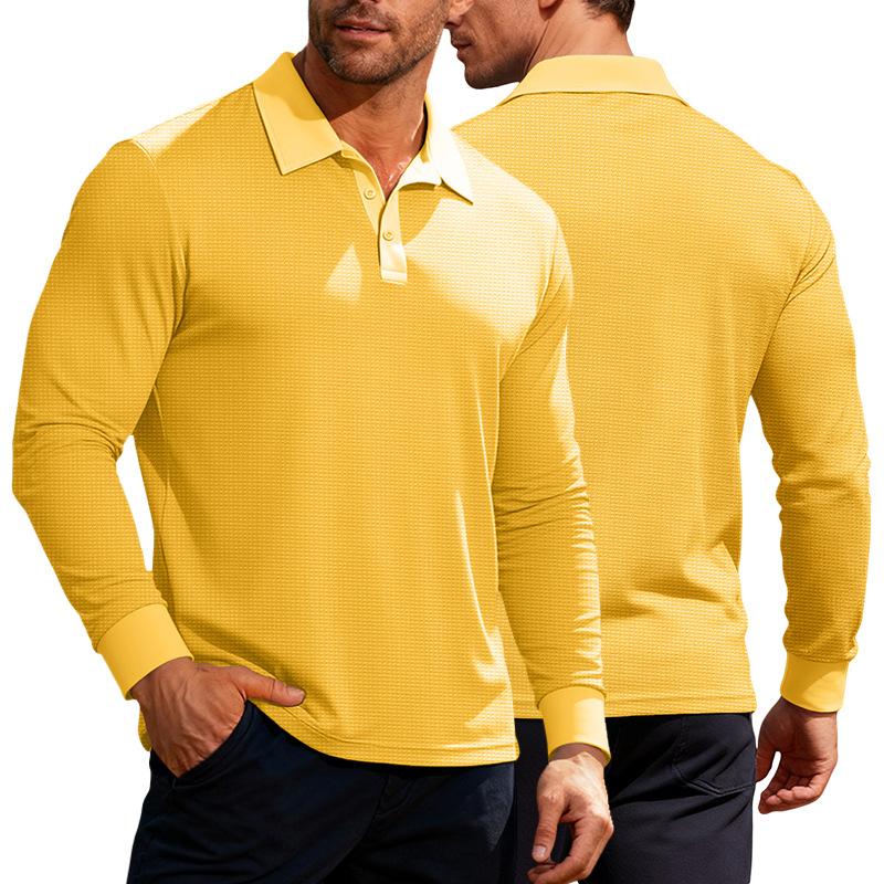 Fashion, Men's Waffle Lapel Button-Down Long Sleeve Polo Shirt Vacation Casual T-Shirt