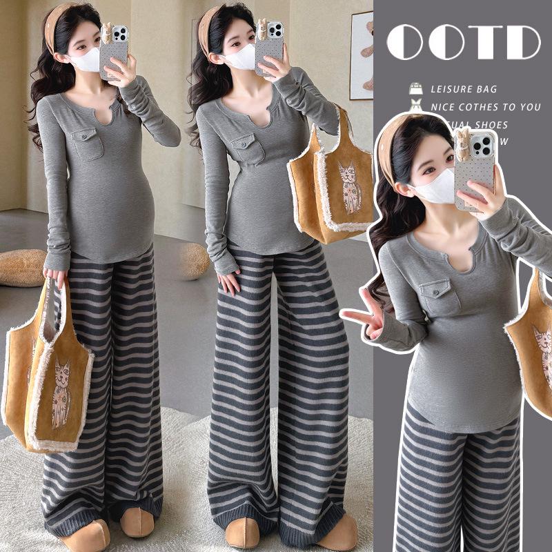 

Maternity Set: Gray Slim Long-Sleeve T-Shirt with Striped Wide-Leg Pants - Autumn/Winter Wear XL