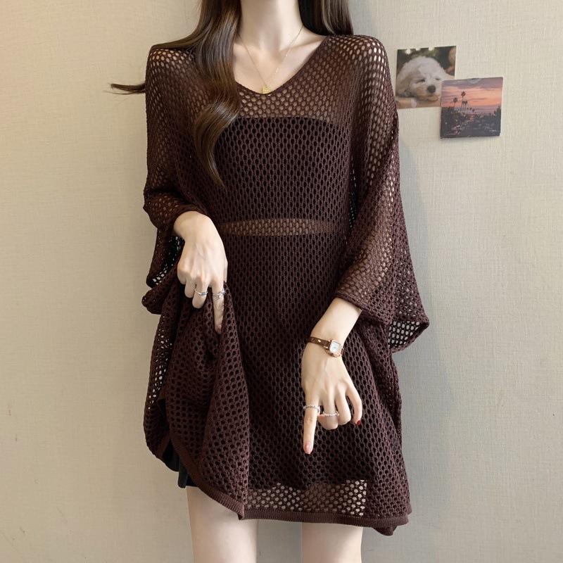 

Ленивая внешняя полая блузка рубашка с кондиционером весенне-летняя темпераментная тонкая однотонная большая шаль вязаный свитер топ average size 54-175