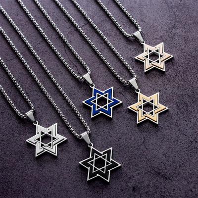 Men Stainless Steel Jewish Star Hexagram Pendant Choker Necklace