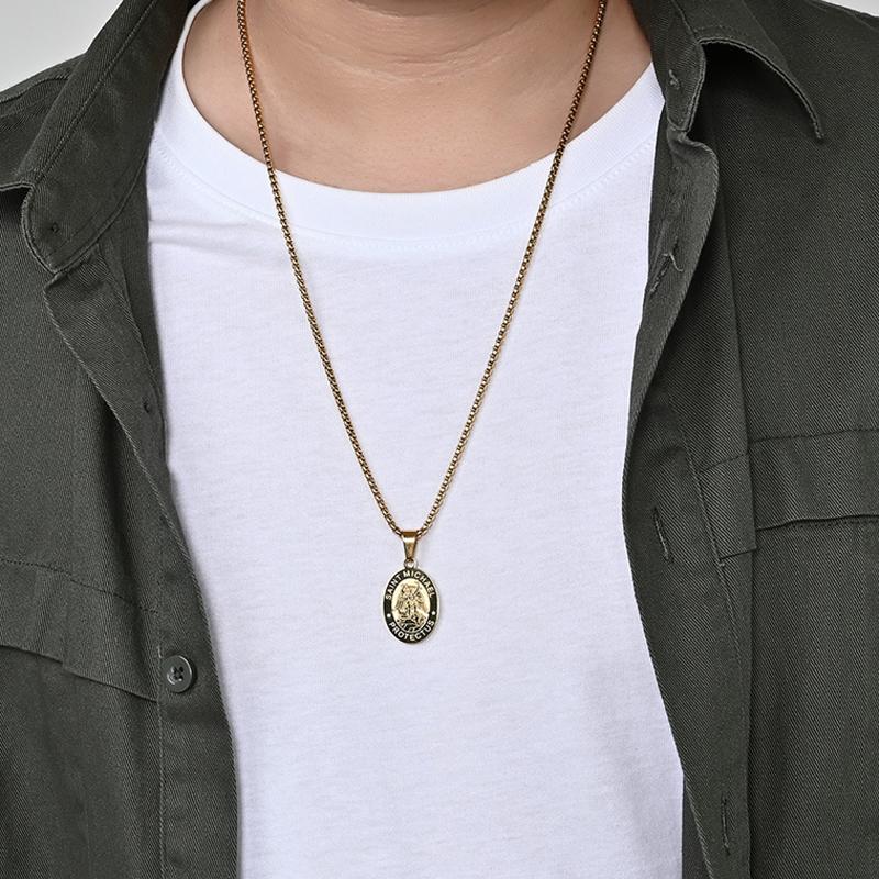 Stainless Steel Saint Michael Necklace Medal for Men Boys, St Michael Pendant Medallion with Chain 24 Inches