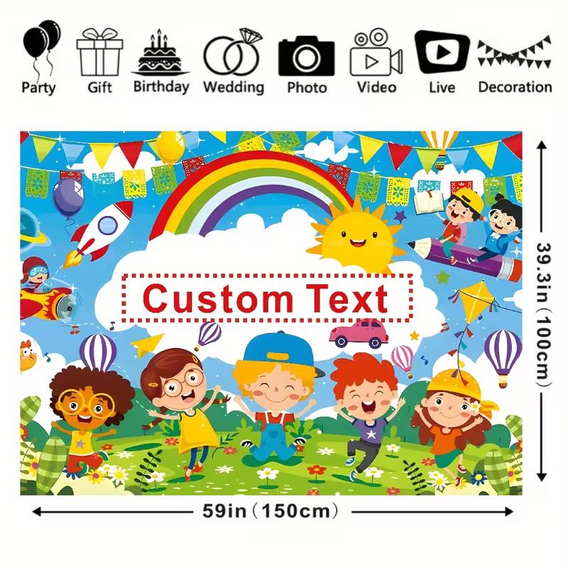 Custom Text Kids Backdrop, Colorful Cartoon Back To School Party Background