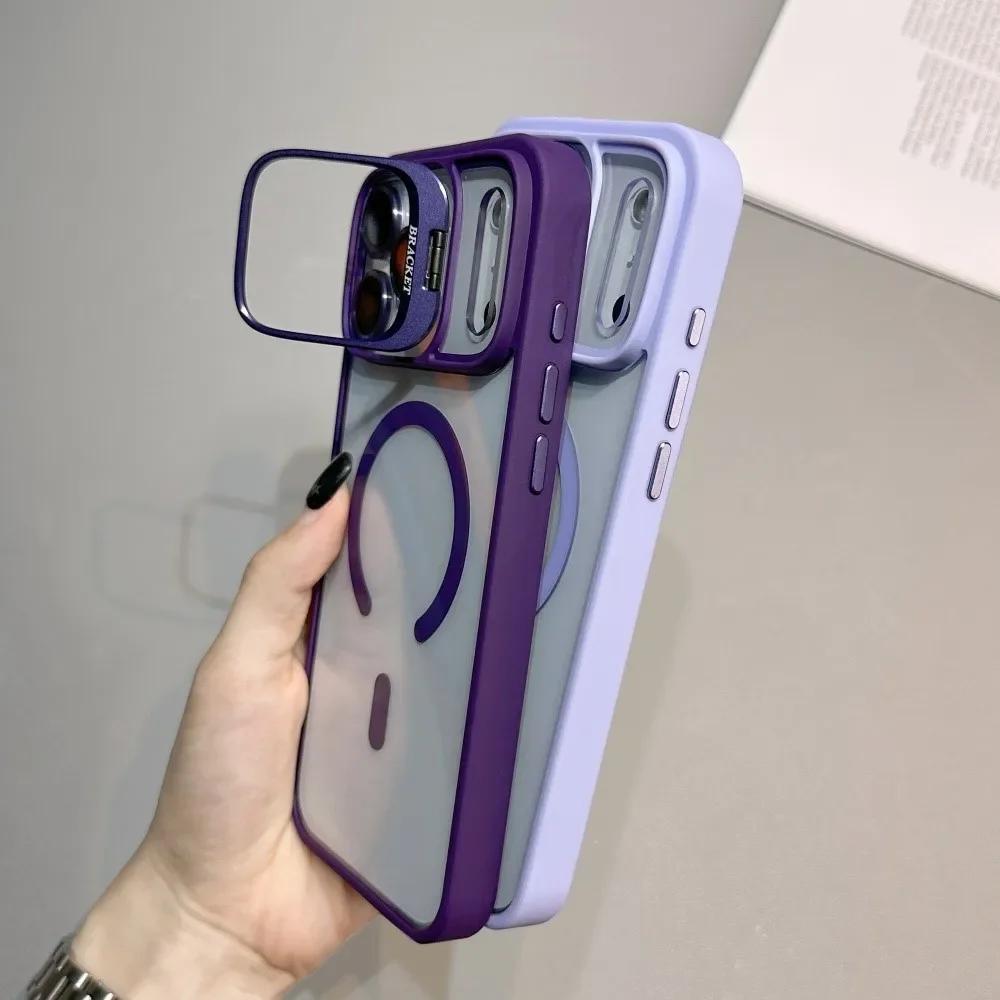 Fashion Metal Magnetic Lens Stand Case For iPhone 17 Air 16E 15 14 Plus 13 12 11 Pro Max Wireless Charge Camera Protective Cover