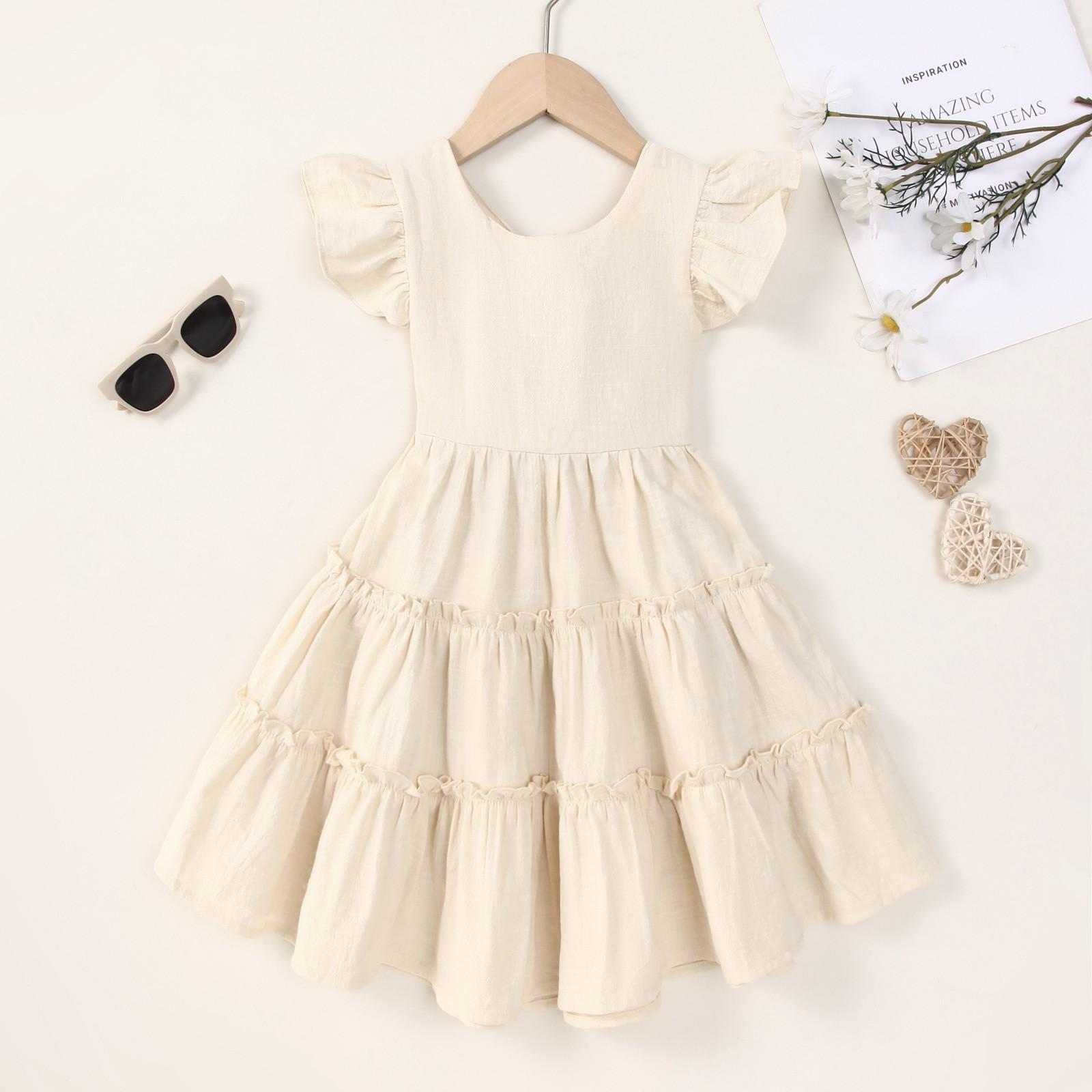 

Летнее детское удобное и повседневное платье принцессы с маленькими рукавами-крылышками и круглым вырезом для девочек 80 бежевый