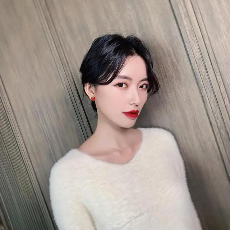 S925 Silver Needle Girl Sense Cute Small Strawberry Net Red Wild Earrings Student Birthday Gift Accessories Crystal Earrings