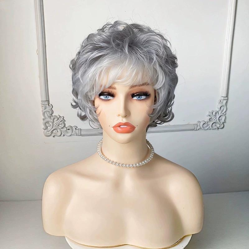 Women’s Short Curly Wig with Side Bangs Fluffy Gray-White Heat-resistant Synthetic Hairpiece