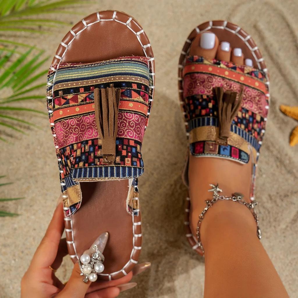 Fashion 2025 Bohemian Flat Bottom Slippers Women's Outdoor Summer New Tassel Beach Sandals Large Size Cross-Border Slippers for Adults