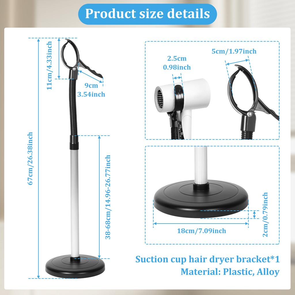 Suction Cup Hair Dryer Stand 360° Rotating Adjustable Height Countertop Blower Holder for Bathroom Vanity Makeup Room