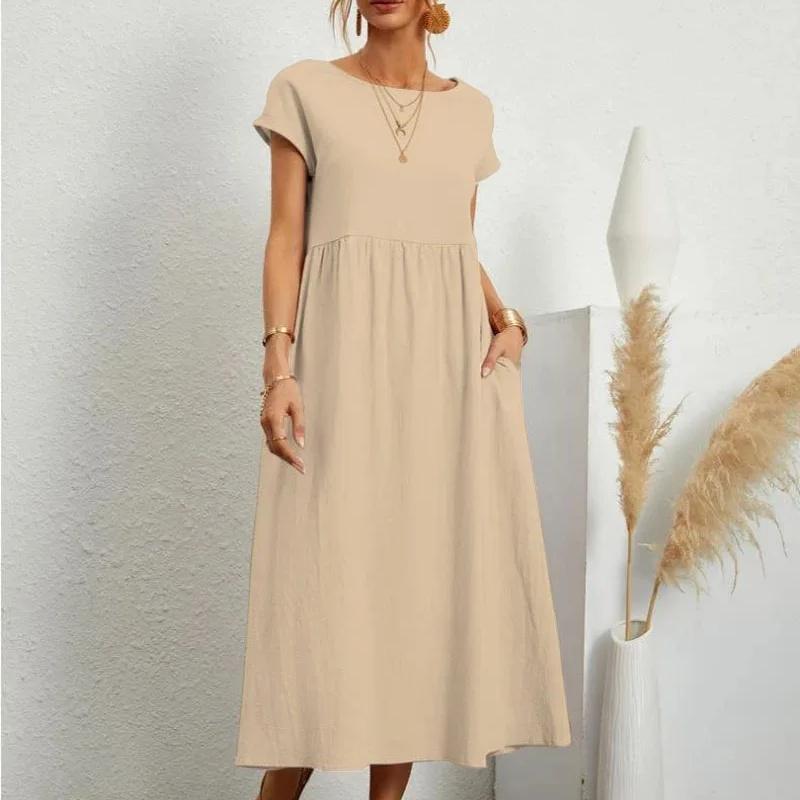 Women's Elegant Solid Color Dress Summer Short Sleeve O-Neck Vintage Harajuku Cotton Linen Comfortable Loose Pocket Long Dress