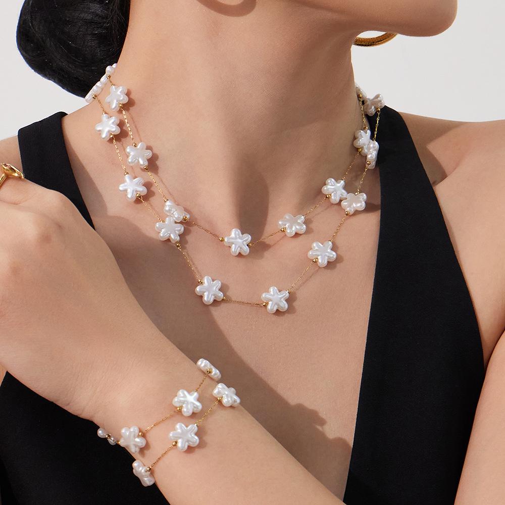Elegant 18k Gold-Plated Stainless Steel Necklace with Imitation Pearl Beads and OT Clasp