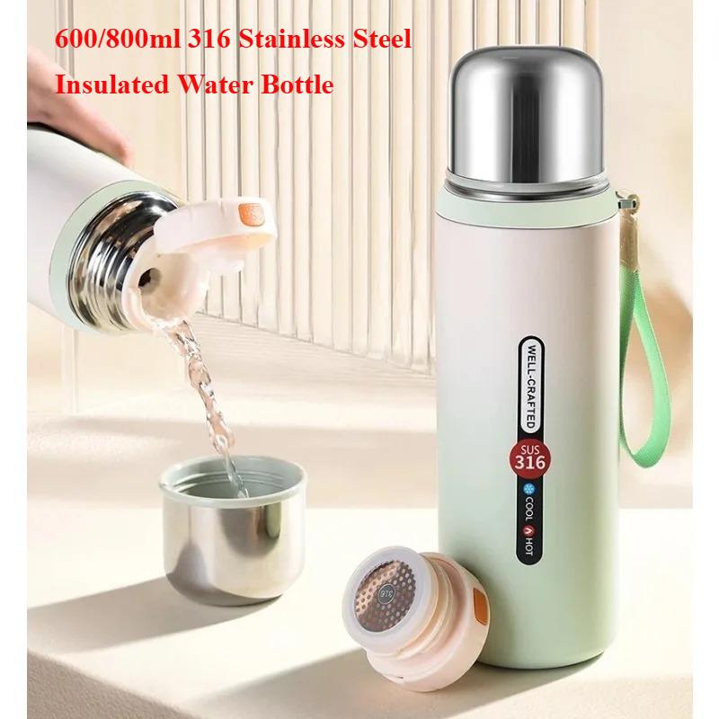 600/800ml 316 Stainless Steel Insulated Water Bottle, Leakproof Outdoor Flask with Carry Strap for Hiking