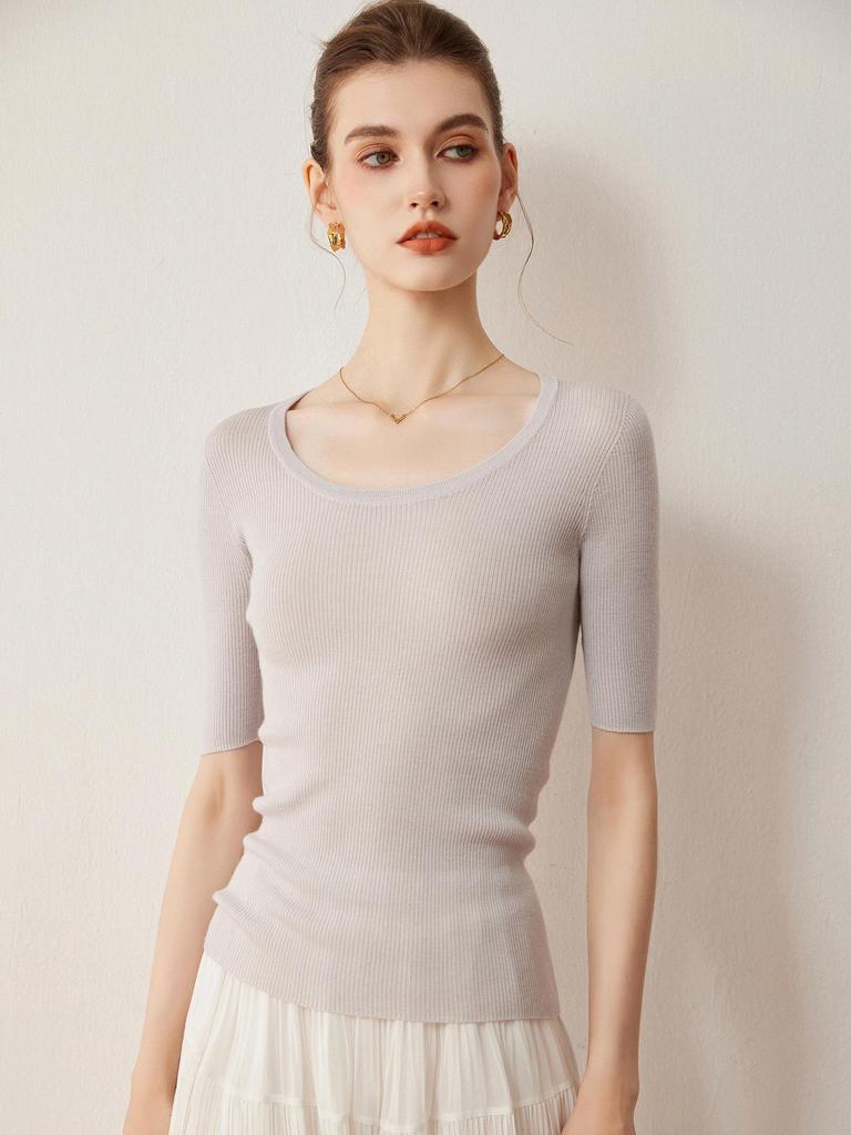 2026 Autumn/Winter Women's Slim Fit Five-Sleeve Wool Sweater, Round Neck