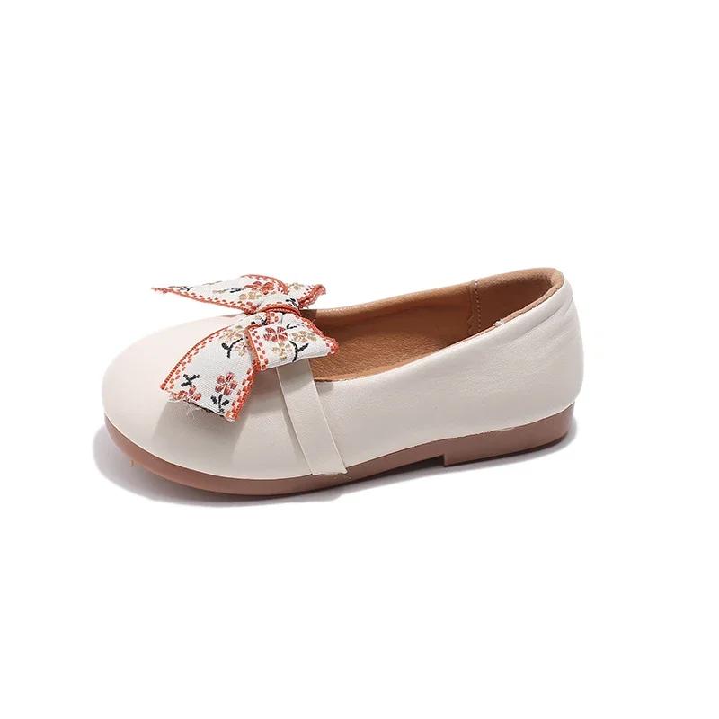 Girls Leather Shoes Soft PU Leather Kids Flats Slip-on Loafers with Ribbon Bow-knot Princess Sweet Simple Classic Size 21-34 New