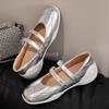 Silberne Schuhe mit dickem Absatz, die die Körpergröße erhöhen, Französischer Vintage-Stil, Damen Mary Janes, Lässig, Sportlich, Ballett, Einzelne Schuhe, Damen, Sommer, Gummisohle