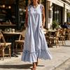 Sommer Gestreiftes Maxikleid für Damen Rundhalsausschnitt Ärmellos Rüschen A-Linie Schwingendes Kleid Strand Freizeit Fließendes Sommerkleid mit Taschen
