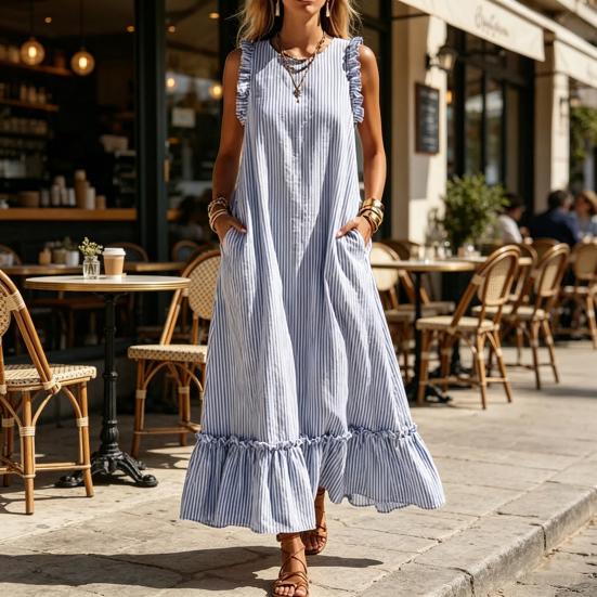 Sommer Gestreiftes Maxikleid für Damen Rundhalsausschnitt Ärmellos Rüschen A-Linie Schwingendes Kleid Strand Freizeit Fließendes Sommerkleid mit Taschen
