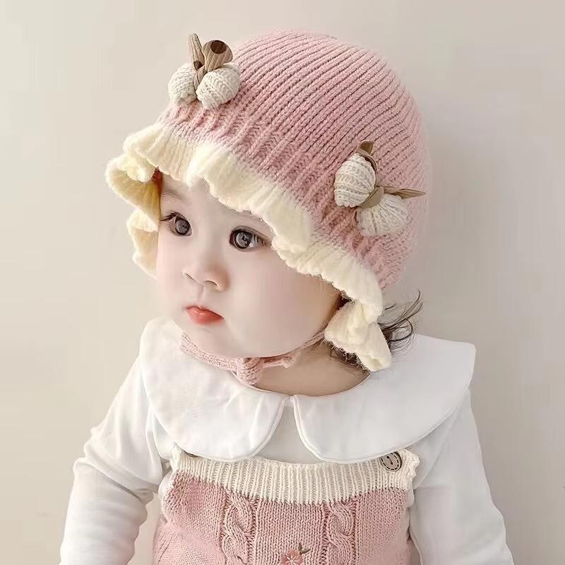 Cute Bow Ruffle Baby Hat Winter Thicken Knitted Warm Infant Lacing Cap Solid Color Newborn Girl Ear Protection Bonnet Beanie
