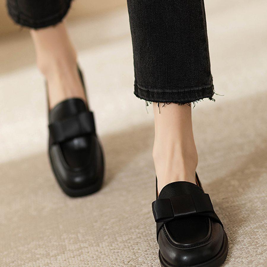 2025 Spring and Autumn New French Small Leather Shoes Women's British Style Retro Square Head Loafers Bow Mary Jane Single Shoes