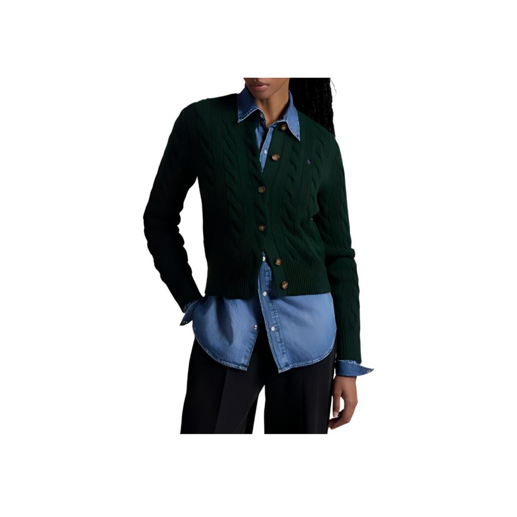 Polo Ralph Lauren FW24 Embroidered Logo Pattern Wool Cashmere Blend Cable Knit Ribbed Crew Neck Button Front Long Sleeve Sweater WMPOSWENDW20302-300