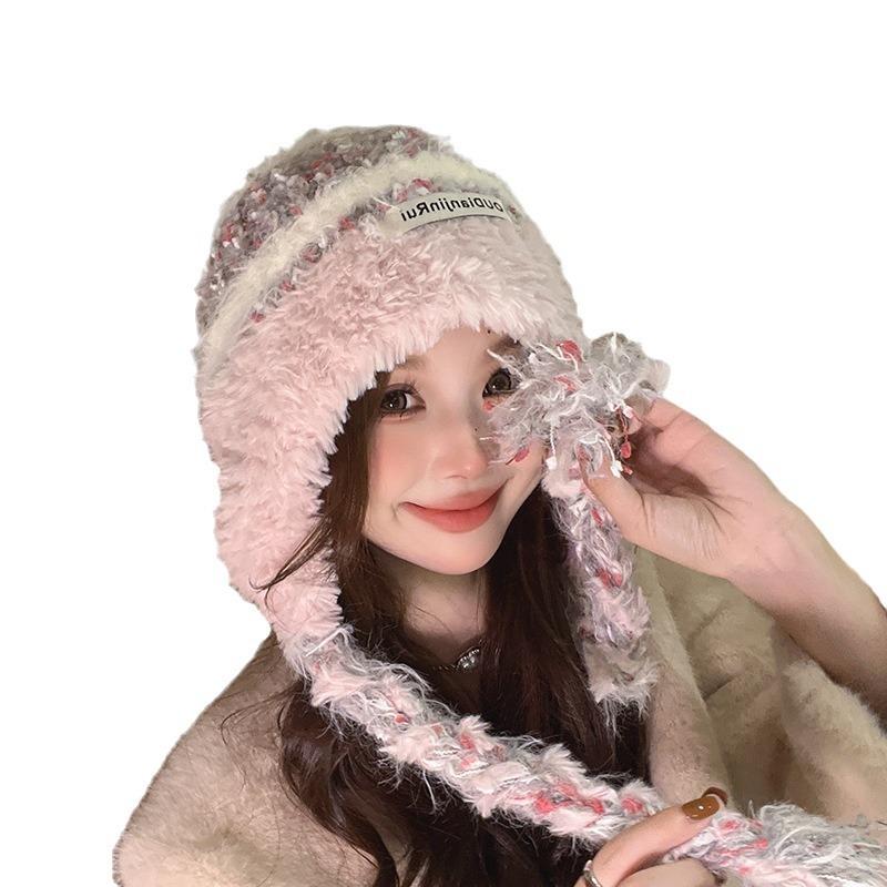 A Japanese style Winter Country Style Plush Double Braid Color Blocked Cold proof and Warm Ear Protecting Hat That Shows Off The Face