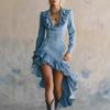 Women's Long Sleeve Denim Dress with Ruffle Collar and Asymmetric Hem