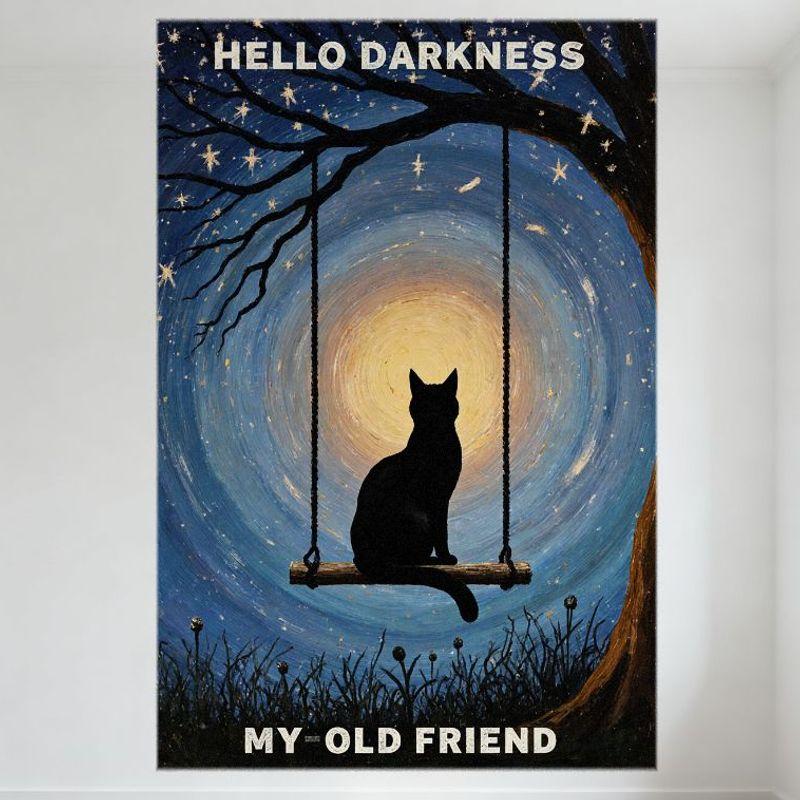 

Hello Darkness My Old Friend Black Cat Wooden Swing Night Moon Metal Tin Sign, Vintage Starry Night Metal Poster for Bar Home Wa 20x30cm（7.8x11.8inch）