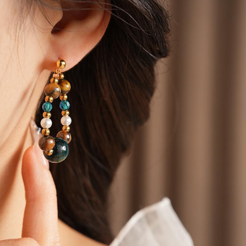 Vintage Handmade Beaded Earrings for Women Mix Color Tiger Eyes Stone Crystal Pearl Beads Drop Earrings Elegent Luxury Jewelry
