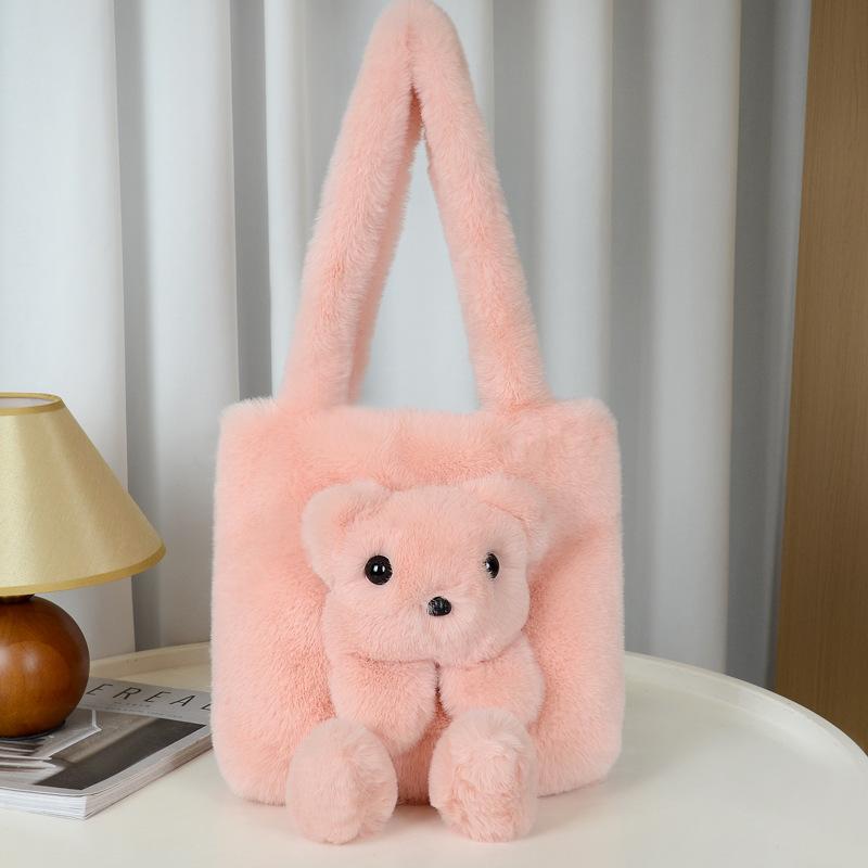 New Plush Doll Shoulder Bag Cute Niche Oblique Straddle Women's Bag Imitation Mink Hair Contrasting Color Bear Doll Tote Bag