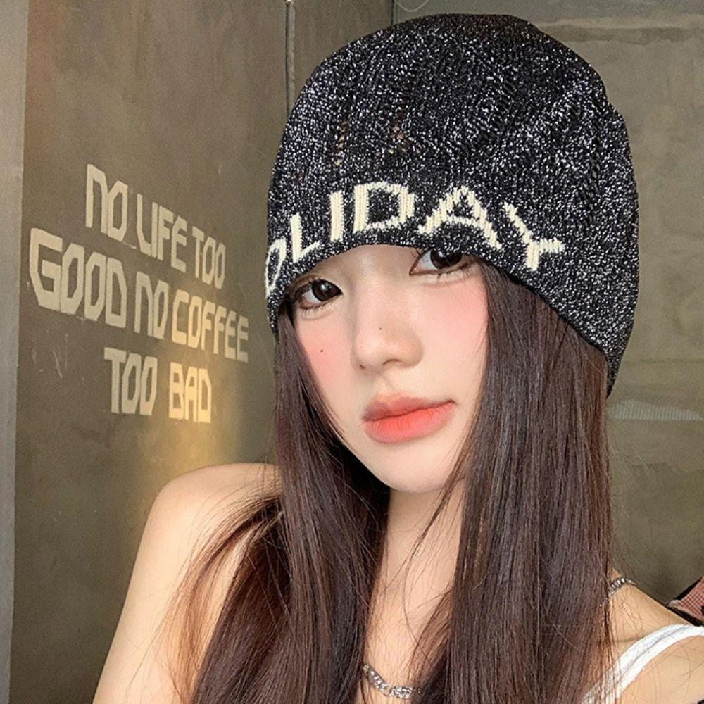 Vintage Letter Beanie Hat Hollow Knitted Pullover Hat Fashion Sequin Knitted Hat  Winter