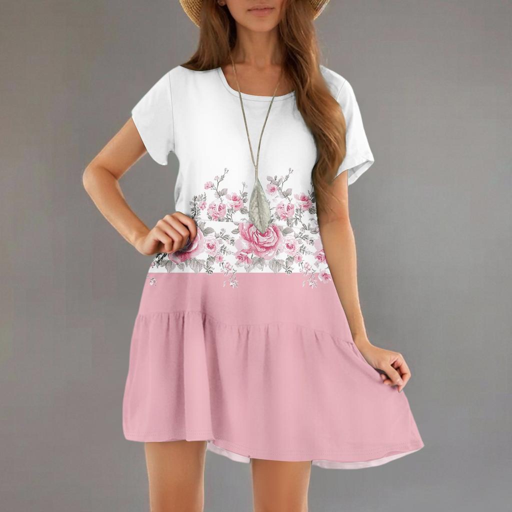 Women's Fashion Casual Round Neck Short Sleeve Ruffle Gradient Printed Dresses