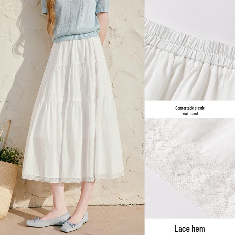 Xiangying Draped White A-line Skirt with Lace Patchwork