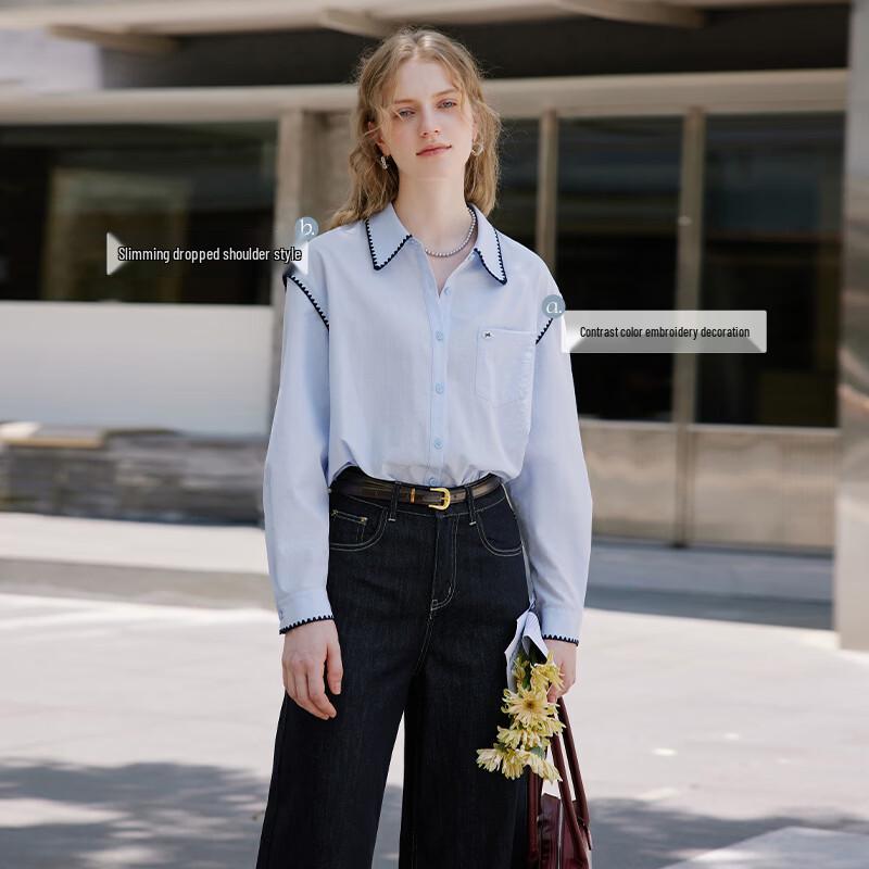 Xiangying Women's Embroidered French Lapel Long Sleeve Blouse