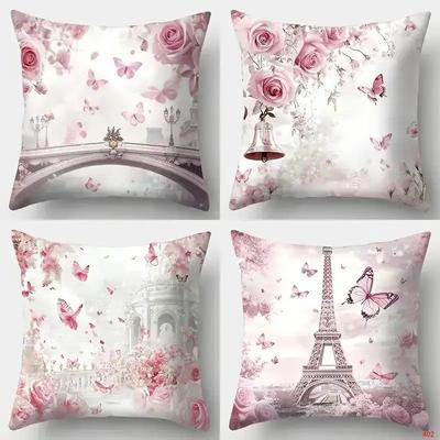 2D Flat - 4-Pack 2D Flat Pink Rose And Butterfly Pillow Covers | Polyester, Machine Washable, Single-Sided Print, Suitable For Various Room Types, Ide
