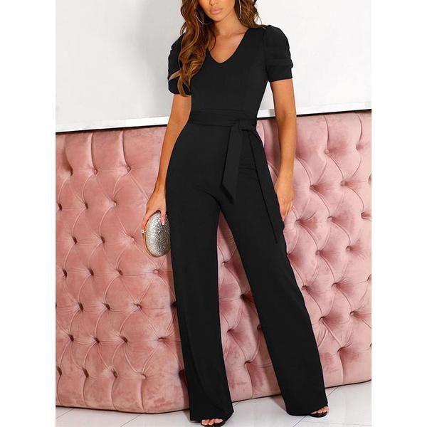 Damen Jumpsuit mit kurzen Ärmeln, V-Ausschnitt, hoher Taille, einfarbig, lässig, weites Bein, mit Gürtel