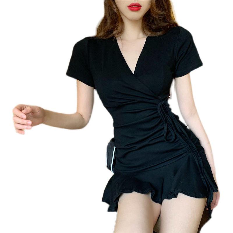 2022 Summer V-Neck Short Sleeve Drawstring Pleated A-Line Fishtail Dress for Women