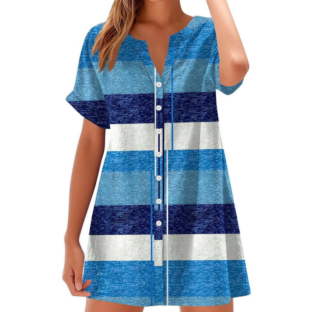 Women's Fashion Casual V-neck Short-sleeve Button Check, Tie-dye, Polka Dot Print Dress