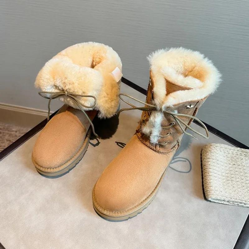 Fashion New Retro Winter Cow Suede Warm Snow Boots Handmade Women's Cute Round Head Thick Bottom with Suede Warm Cotton Boots Size 40