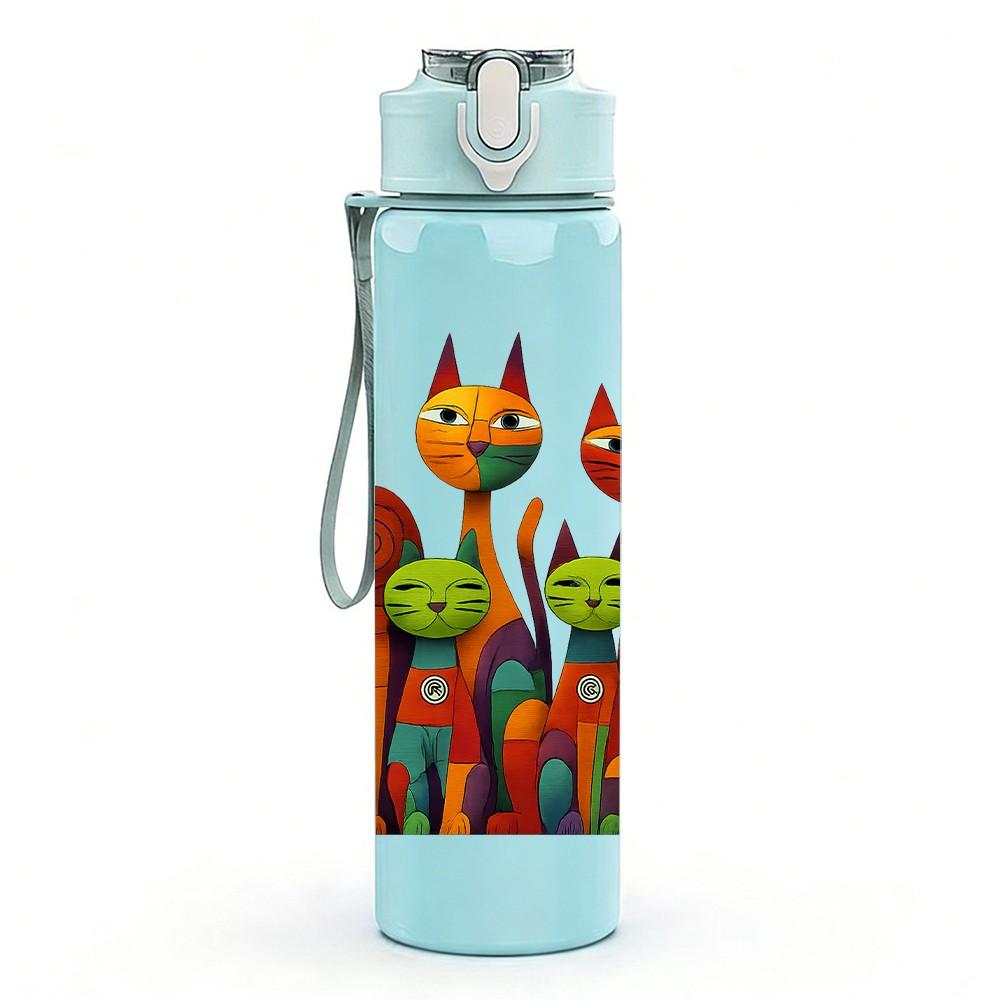 1PC Colorful Stacked Cat Pattern 750ml Color Plastic Sports Water Bottle Leakproof Flip Straw Lid Suitable for Sports Office Home Use