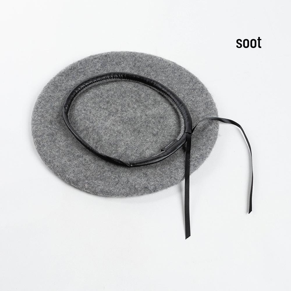 

Шерстяной берет в корейском стиле с отделкой из ПУ кожи и регулируемой завязкой для женщин No Tail